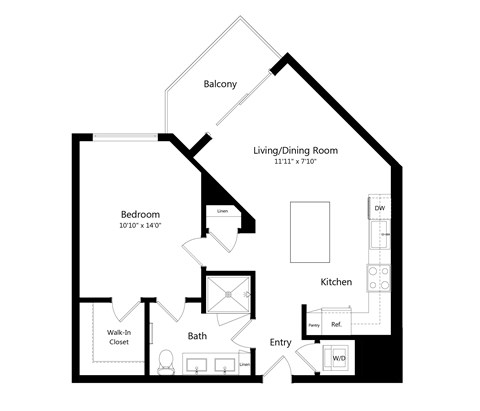 Floor plan for 1 bed, 1 bath, 685 sqft